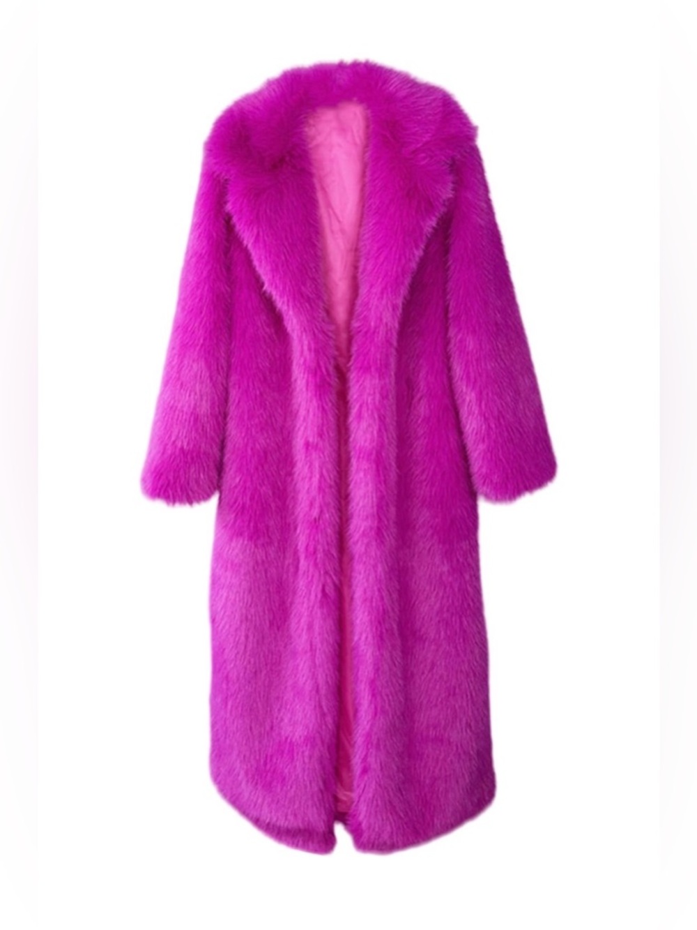 Vibrant Fuchsia Fluffy Faux Fur Overcoat, Outwear Parka Long Coat w Pockets